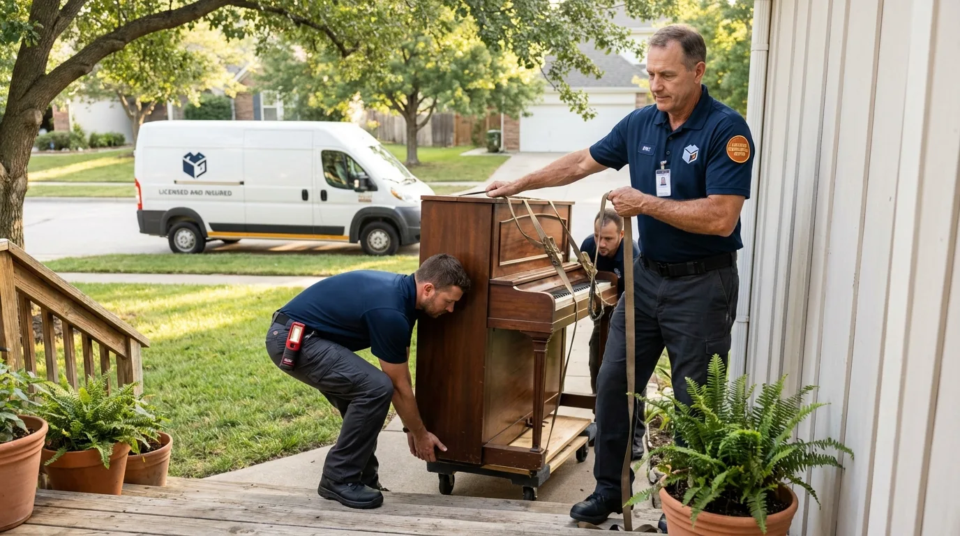 Licensed piano movers securing grand piano in Grosse Pointe, MI