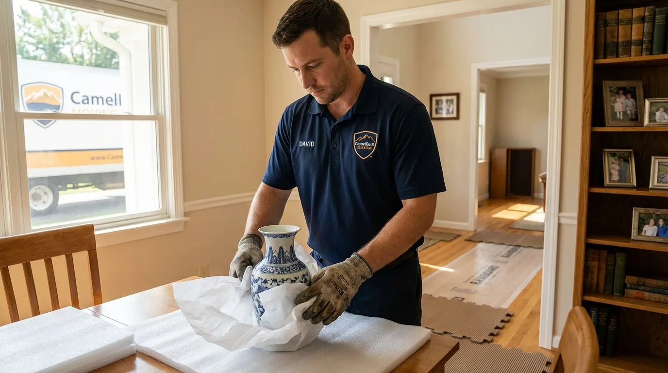 Professional crew carefully wrapping antique vase for senior downsizing move in Grosse Pointe, MI